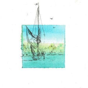 ink drawing of Thames sailing barge with watercolour background