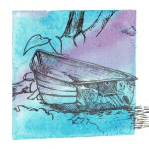ink drawing of a moored rowing boat with blue and magenta background