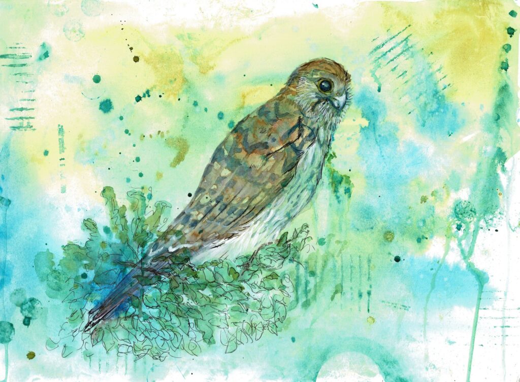 Colourful mixed media painting of a kestrel perched on top of a bush with abstract background