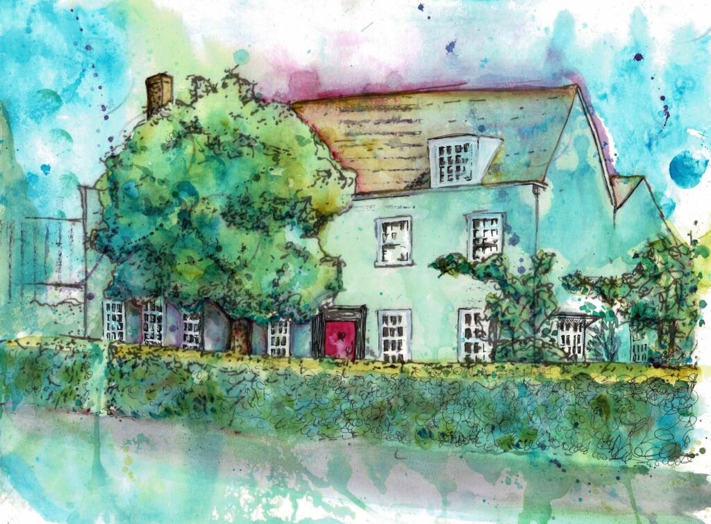 Colourful watercolour painting of an old house called Boucherne with abstract background