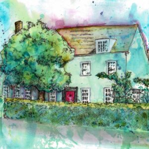 Colourful watercolour painting of an old house called Boucherne with abstract background