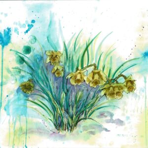 Colourful mixed media painting of a group of yellow daffodils growing with an abstract background