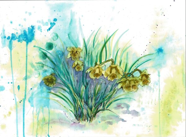 Colourful mixed media painting of a group of yellow daffodils growing with an abstract background