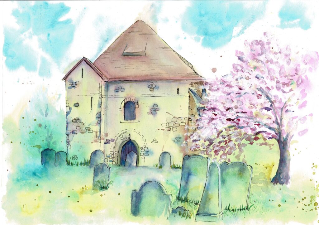Colourful watercolour painting of St Andrew's Church, Heybridge Essex with tree in full blossom