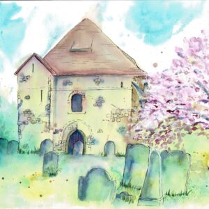 Colourful watercolour painting of St Andrew's Church, Heybridge Essex with tree in full blossom